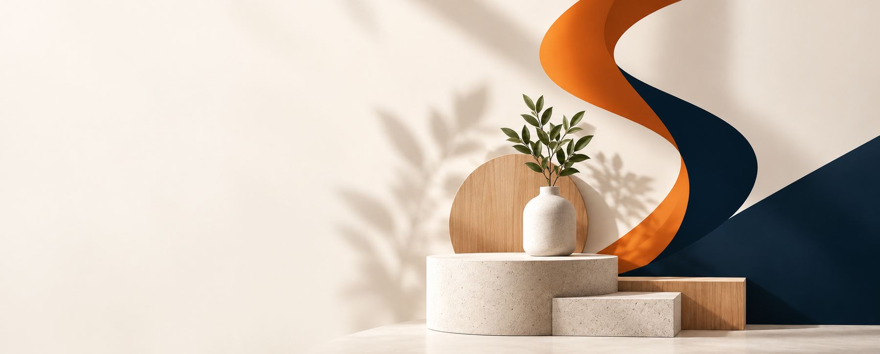 A warm, softly lit still life with a ceramic vase, greenery, a wooden disc, and a stone pedestal, with a flowing Navy and Orange ribbon evoking the Sarvolo mark